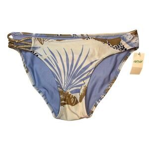 Aerie XS Bikini Bottom Palm Leaf Print Gold Strap Blue Tan NWT